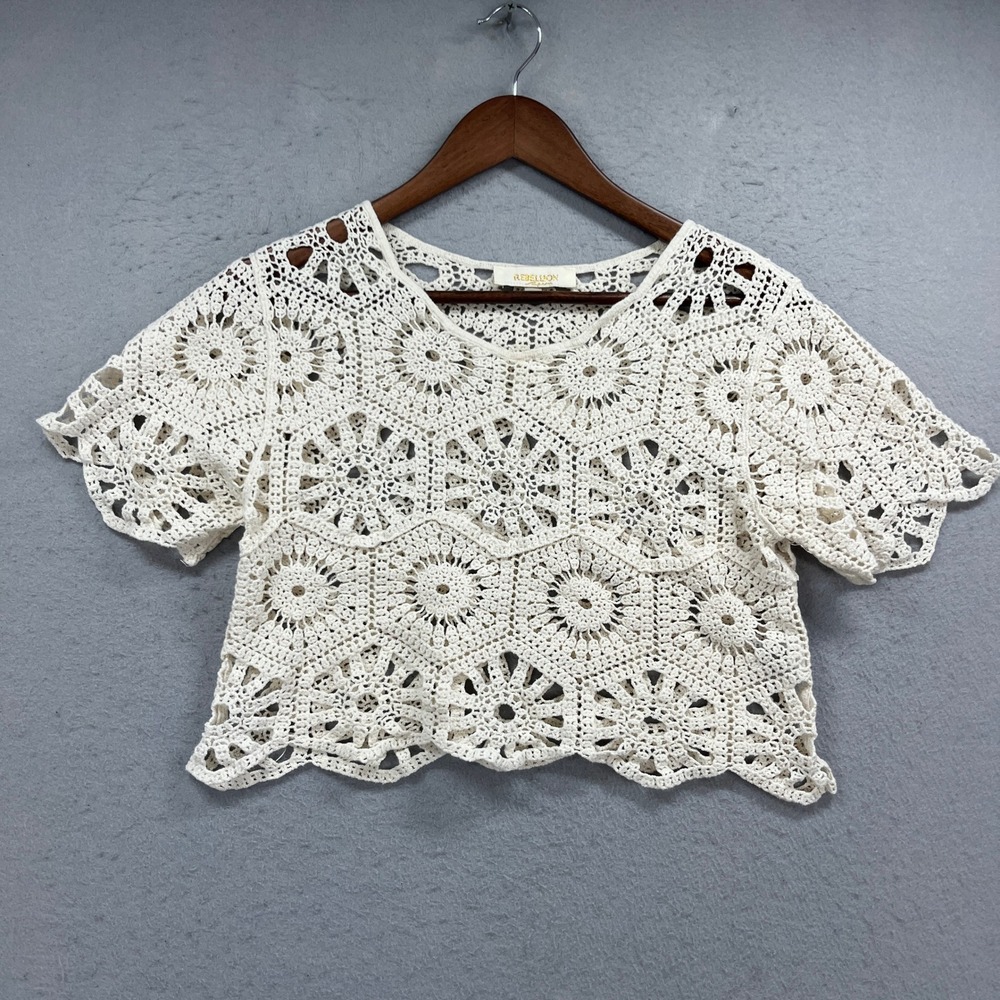 Rebellion Again Crop Top Womens Medium Cream Crochet Lace Boho Festival Summer